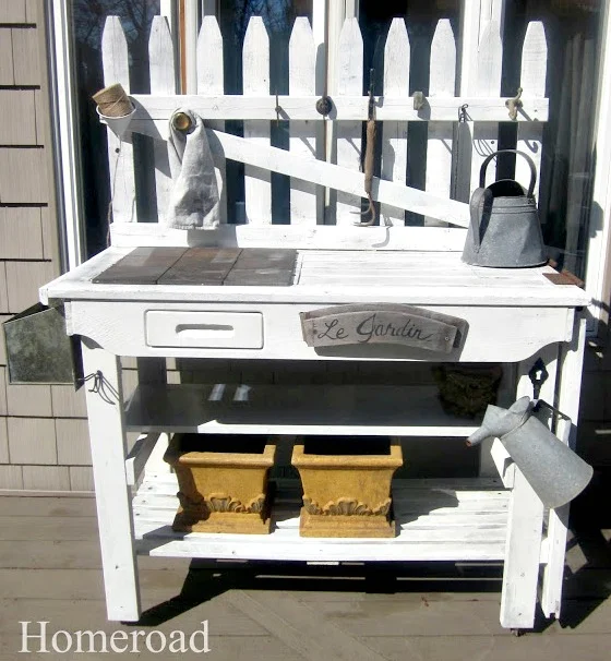 white potting table with accessories