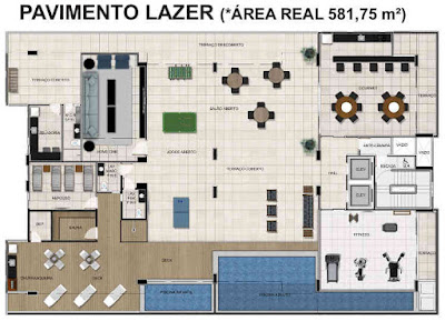 Imagem-pavimento-lazer-promenade. Imagem do parvimento onde esta situada a área de lazer que é composto de Espaço Gourmet com terraço. Home Cine. Salão jogos aberto. Terraços coberto e aberto. Fitness com terraço. Sauna e repouso. Piscinas adulto e infantil. Deck com churrasqueira e chuveirão. Lavabos sociais masculino e feminino.