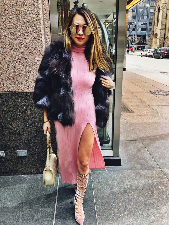 Pink Sweater Dress, How to Wear a Fur, Revolve Majorelle Sweater Dress, How to style a sweater dress