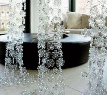 Making curtains of plastic bottles in living room