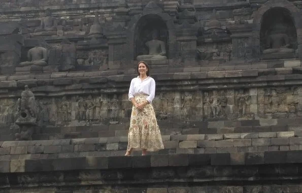 Crown Princess Mary visited Borobudur temple. Borobudur, or Barabudur is a Mahayana Buddhist temple in Magelang Regency