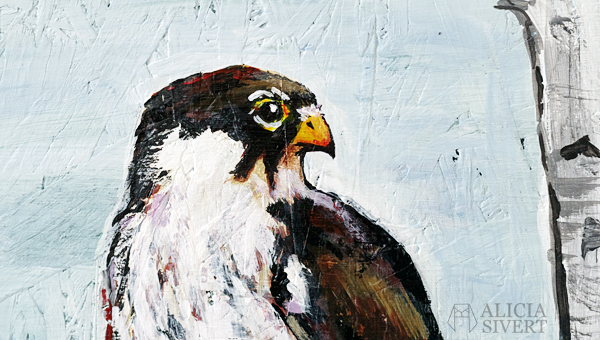 "Lärkfalk vid Muskmyr", acrylic painting by Alicia Sivertsson, 2016. "Lärkfalk vid Muskmyr" (detail), acrylic painting by Alicia Sivertsson, 2016. fågel rovfågel falk måla målning akryl akrylmålning skapa skapande fågelskåda fågelskådning alicia sivert aliciasivert måla på spånskiva eurasian hobby falcon björk stammar björkstammar konst kreativitet