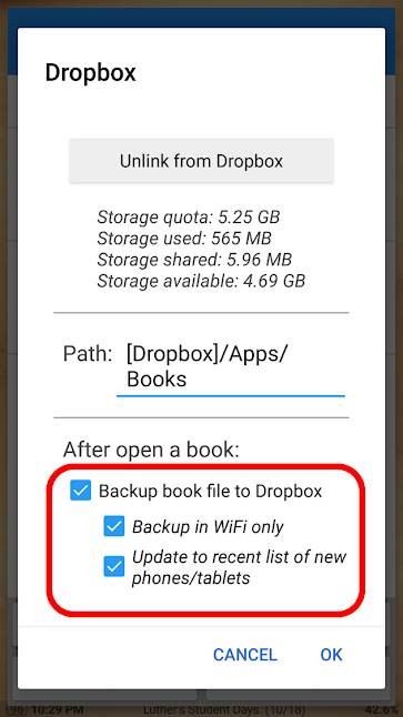Mobile screenshot: Moon Reader - how to backup book file to Dropbox