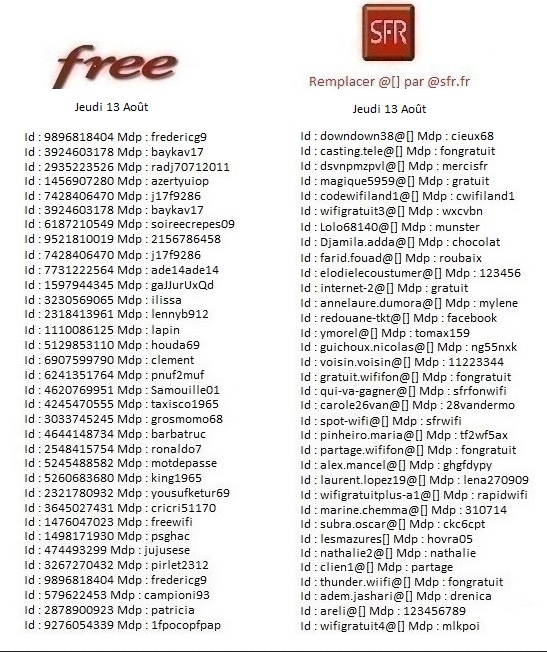 Code  wifi Gratuit SFR / free   gratuit