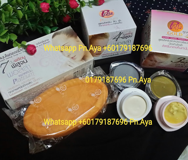 SET POLLA PLATINUM GOLD Hot Dipasaran!!! Makin menjadi2!!! Testimoni... Mmg best SET POLA GOLD ni!! Tak perit... Relax jer kat muka! Tp hasilnya, kulit yg kusam makin bersih.. Cerah.. Tona kulit pun sekata!! Jom la ramai2 cuba! Serius terbaekkk!!! TERAWAT ! TERKESAN ! TERCANTIK ! TERGEBUS ! TERINGKAS ! HARGA PROMOSI: 1 SET RM45 S/M..RM50 S/S..FREE POSLAJU PM/SMS/WHATSAPP @ 0179187696 for ORDER~! cara pakai sangat ringkas !: ~ sabun pola oren cuci muka ~ krim pola gold ( pakai mlm ) ~ krim pola plantinum ( pakai siang ) Krim Polla Gold Super White Perfect Krim ini mengandungi molekul2 kecil bersaiz nano yang sgt berkesan untuk kulit anda. secara semulajadi mengurangkan blemish, jerawat, melembutkan kulit kepada warna cerah, menegangkan kulit. kesan boleh dilihat selepas pemakaian krim seawal 3 hari!!!! - Kandungan arbutin 2 kali ganda - memudarkan parut dan jerawat - Kandungan ekstrak emas - rawatan pemulihan kulit dan melembutkan - Meningkatkan kelembapan kulit. kulit muka terasa segar dan lembab selepas penggunaan - 2 kali ganda kojic asid - 2 kali ganda rawatan jerawat dan acne - 2 kali ganda vitamin e, vitamin c, b3 - kesan dua kali ganda mencerahkan dan menghalang dan menghilangkan kedut. (wrinkles) Kenapa krim polla gold??????????? kerana dgn harga yg mahal sedikit anda akan dapat kesan 2 kali ganda!!!!! Cara guna: sapukan di seluruh muka dan leher pada malam sahaja. -KRIM POLLA PLATINUM CRYTAL WHITE NOURISHING FACE Adalah hasil kajian termaju dlm kosmetikologi dgn kualiti terbaik. krim ini mengandungi sebatian yang mempercepatkan pencerahan, melembutkan dan melicinkan kulit anda. - sgt berkesan bagi untuk pencerahan/ pemutihan - mengandungi vitamin melicinkan kulit - mengandungi elemen semulajadi yg mempercepatkan pemutihan, melembutkan dan melembabkan kulit Kembalikan keremajaan kulit anda hari ini!!!!! mengurangkan jerawat, bintik hitam, jeragat!!! Cara Guna: Untuk kesan maksimum, sapukan krim di seluruh muka dan leher sebelum tidur dan pada pagi hari setiap hari. Kandungan Arbutin : Menghalang pembentukan melamin dan mempercepatkan proses pencerahan Ekstrak Mutiara : Menyuburkan kulit supaya lembut dan lembab Collagen : Memperkuatkan struktur kulit Vitamin B3 : Membantu kulit supaya putih semulajadi Vitamin C : Sebagai anti oxident Kojic Asid : Menghalang pembentukan sel2 gelap kulit. menghalang jerawat dan jeragat POLLA PLATINUM SOAP FOR ACNE AND BLEMISHES PREVENTION Sabun Polla Platinum untuk Jerawat dan pencerahan INFO: * Sabun herba semulajadi untuk mengurangkan jerawat, jeragat dan untuk mencerahkan kulit * Mengandungi herba Asli Thai yang sesuai untuk kulit muka dan badan.. * Menjadikan kulit yang sihat dengan penyelesaian semula jadi. * Boleh digunakan pada muka dan badan. * Bagi sesetengah pengguna sabun ini agak kuat dan tidak menyenangkan. Ini merujuk kepada penarikan balik kulit dan lemak di atas lapisan nipis horny (stratum corneum) kulit atau kesan pengelupasan. KANDUNGAN POLLA PLATINUM SOAP: Sabun berasaskan, vitamin E, liken, Loicera, Herba Japonica, Herb Rhinacantus, Metholcryspal