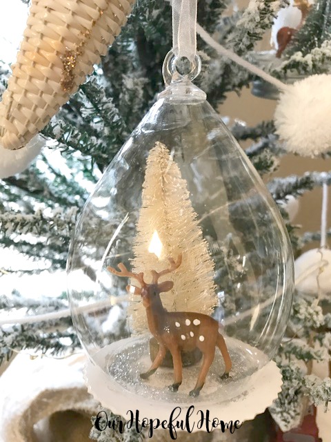 clear diy ornament snow globe bottle brush tree faux snow mini deer