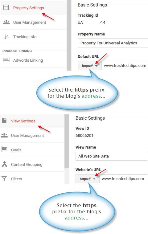 Google Analytics property and view settings