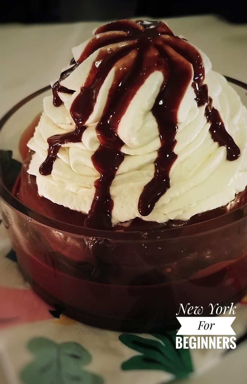 Image of the chocolate sundae served at T-Bar Steak & Lounge in NYC, a large portion of chocolate cake with hot chocolate sauce and whipped cream on top