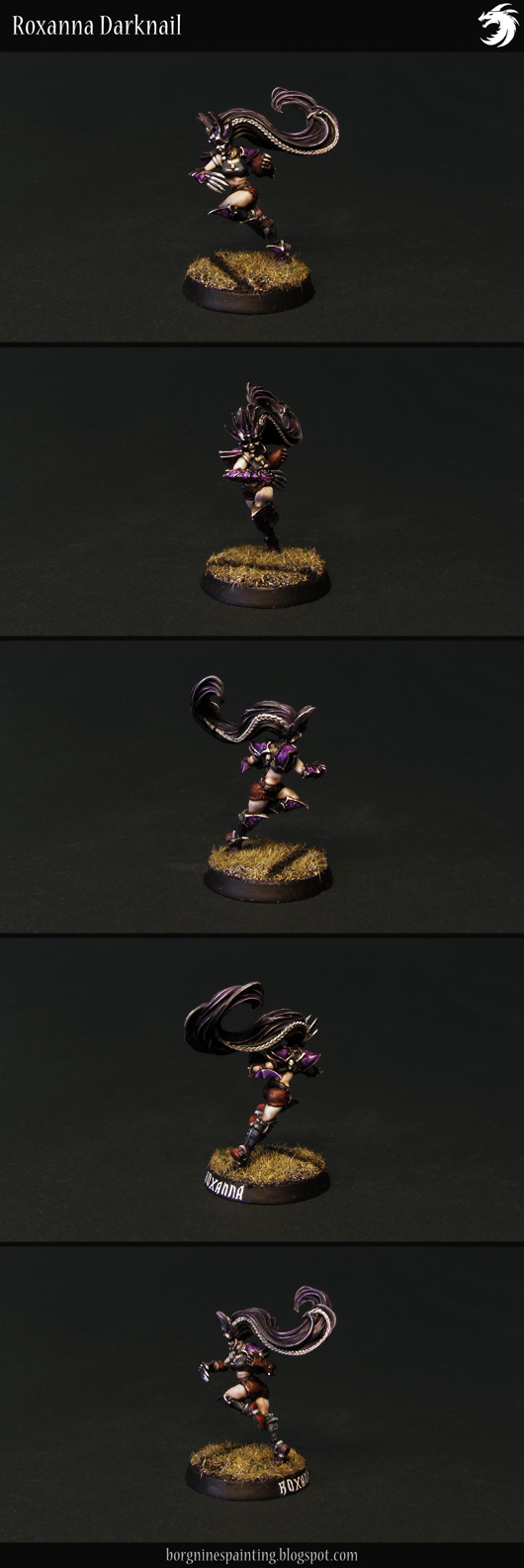Roxanna Darknail - painted miniature from Forge World, a Dark Elf Star Player for Blood Bowl, painted in a purple color scheme and visible from several angles.
