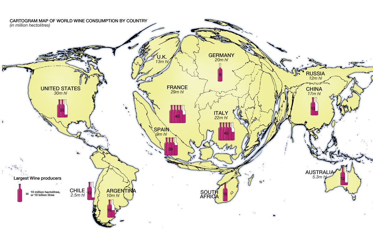 Cartogram map of World wine consumption by country Vivid Maps