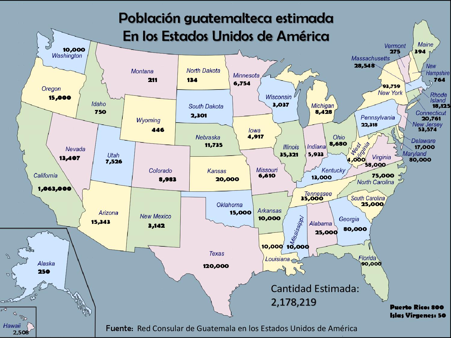 according to guatemala s ministry of foreign affairs at least 2 178 219 guatemalans live in the united states guatemala s current population is roughly according to guatemala s ministry of foreign affairs at least 2 178 219 guatemalans live in the united states guatemala s current population is roughly