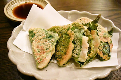 Shinjo no shiso-hasami-yaki / fried fishcake in perilla leaves