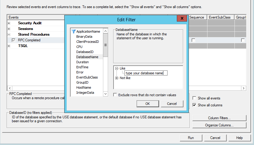 SQL Server Profiler Trace Events For a Specific Database 2012