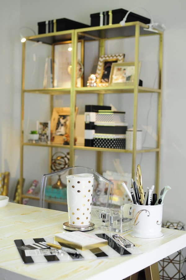 A DIY gold faux bois sawhorse desk is the centerpiece of Monica's home office makeover. Tons more pics + the tutorial is available at monicawantsit.com