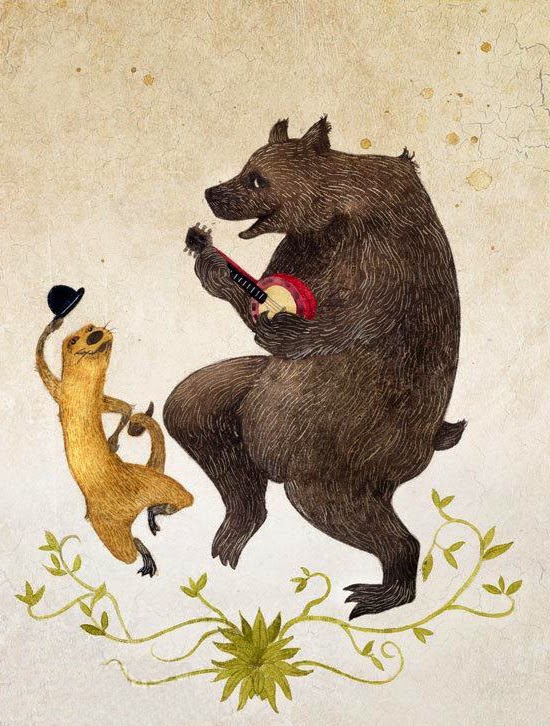 banjo plying bear and dancing ferret animal illustration by Rob Bridges