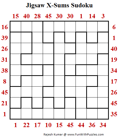 Jigsaw X-Sums Sudoku Puzzle (Fun With Sudoku 258)