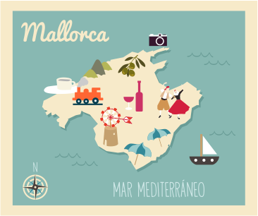 Mapa de Mallorca by Eva Barceló, // Mejores lugares para visitar en Mallorca con niños Ilustración de Mallorca tren molino olivas playa mar mediterráneo