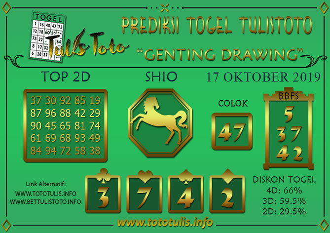 Prediksi Togel GENTING DRAWING TULISTOTO 17 OKTOBER 2019