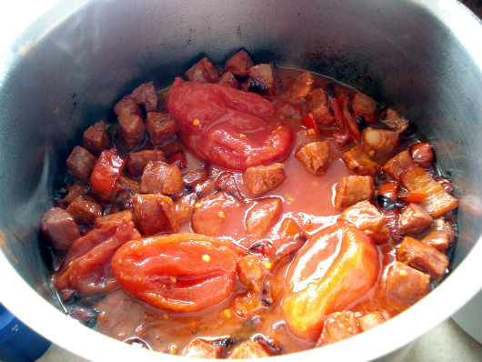 Cod with tomatoes, olives and chorizo by Laka kuharica: Add the whole plum tomatoes