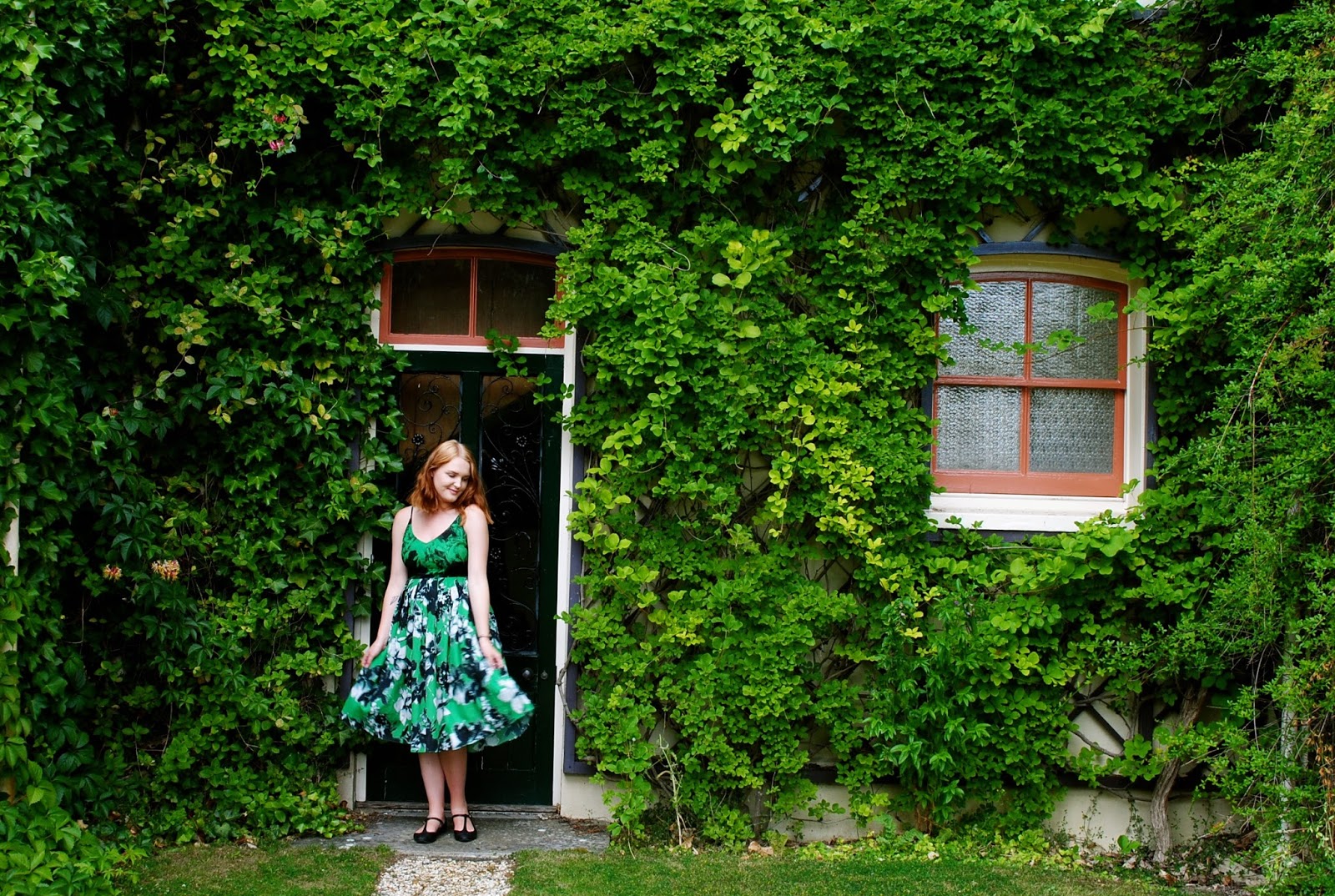 Charles Darwin's  Downe House Garden wearing Shakuhachi photogenic midi green dress