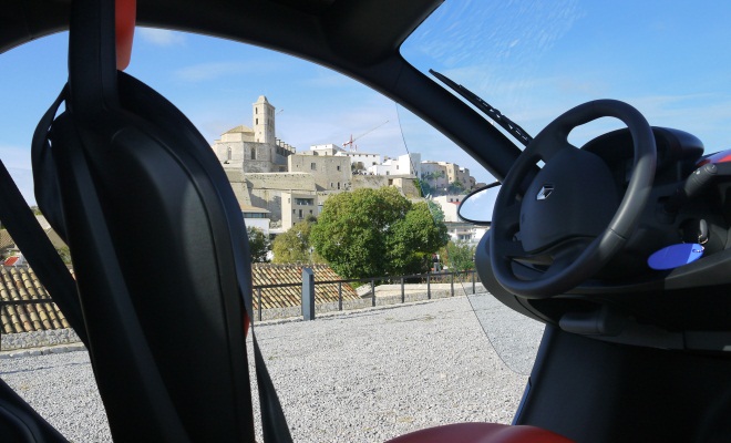 Ibiza's old town viewed through the Twizy 45