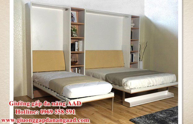 Hai giường gấp âm tường khi mở ra Hai giường gấp âm tường khi mở ra