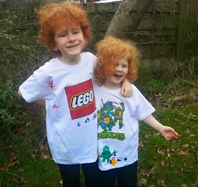 children wearing persnalised t shirts with LEGO and TMNT