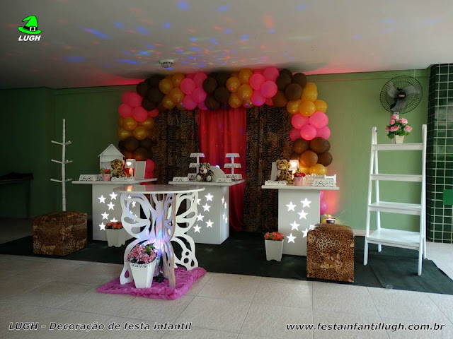 Tema da Oncinha - Decoração provençal simples Decoração festa da Oncinha - Mesa decorada infantil para festa de aniversário feminino
