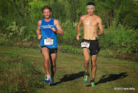 #585 Jack Redwing (2nd, 36:38) and #680 Roger Schmidt (3rd, 37:37), about two miles into the 2013 Run For Lawson 10K. Jack Redwing and Roger Schmidt