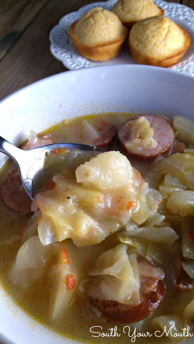 Cabbage Stew! A hearty stew made with cabbage, smoked sausage or kielbasa and potatoes. Great with cornbread or crusty french bread!