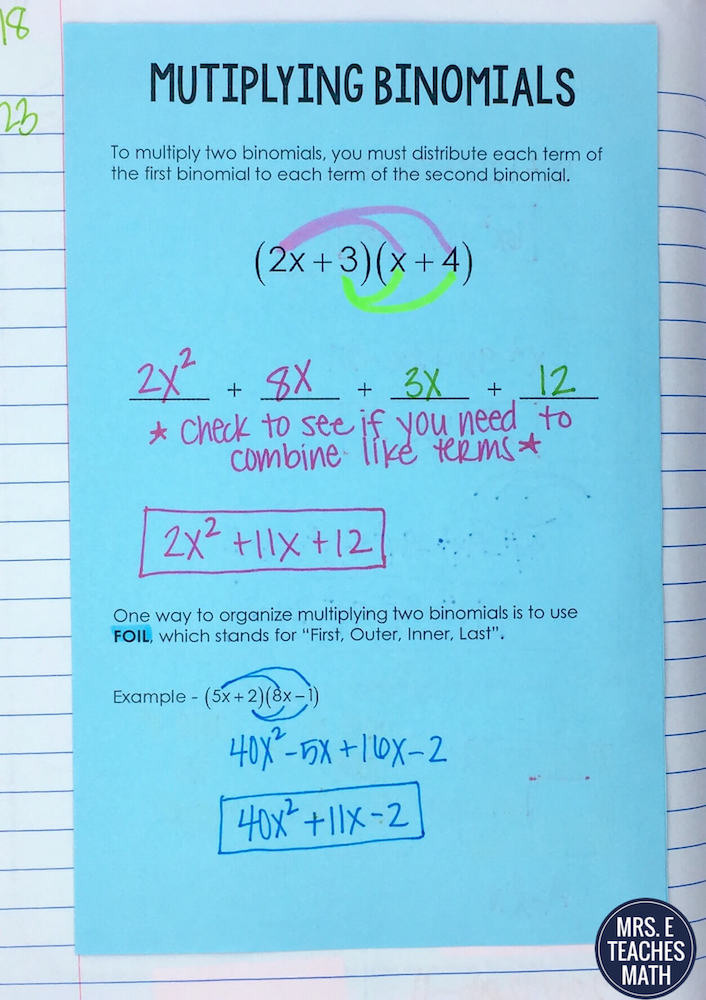 polynomials binomials multiplying notes math inb intro