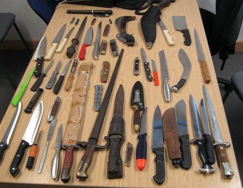 Items, including kitchen knives and utensils handed in at Stevenage police station Image courtesy of Hertfordshire Constabulary