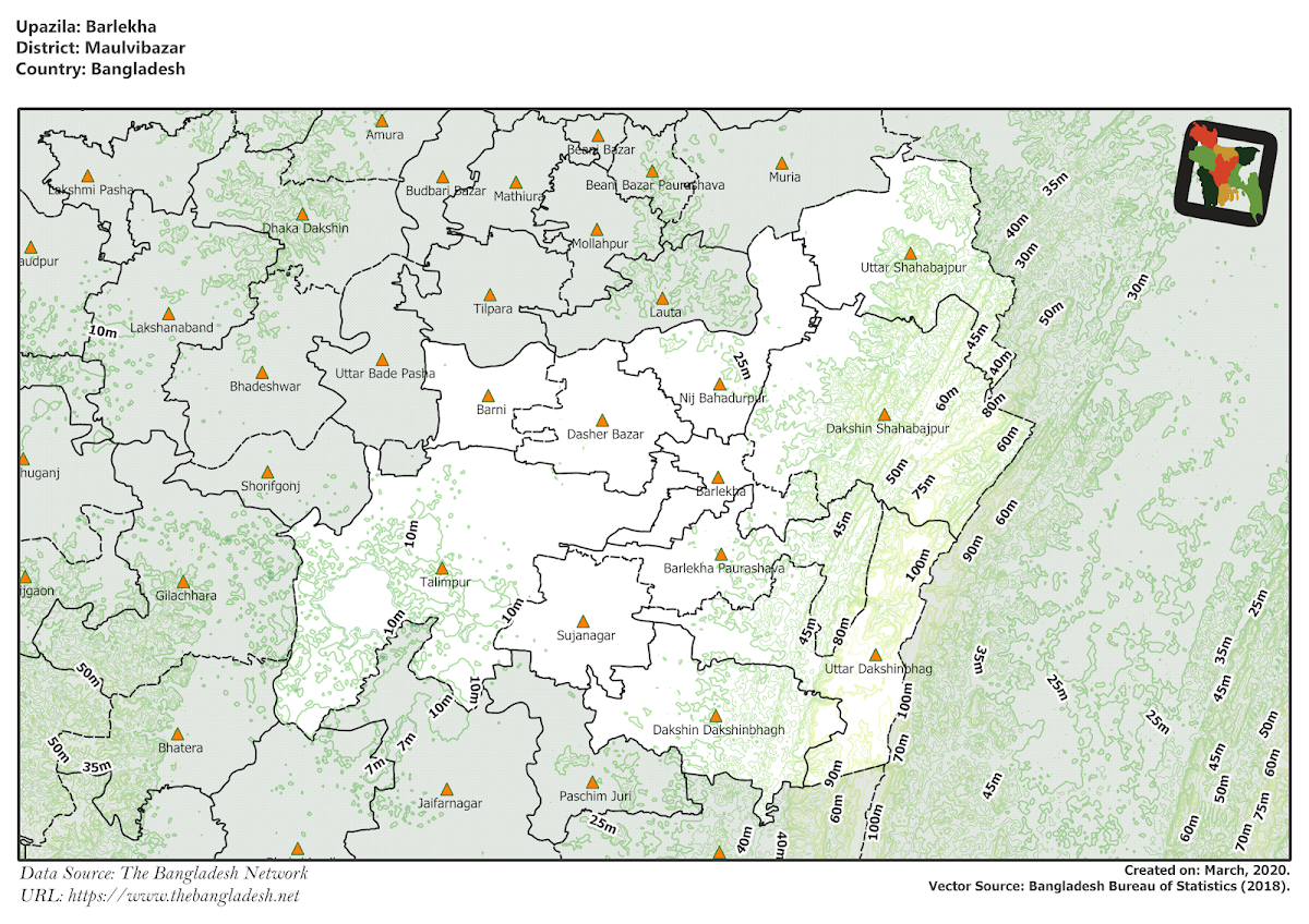 Barlekha Upazila Elevation Map Moulvibazar District Bangladesh