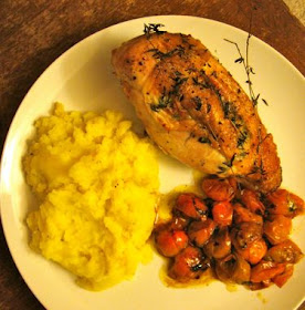 roast chicken with rosemary, mashed potatoes, and cherry tomatoes
