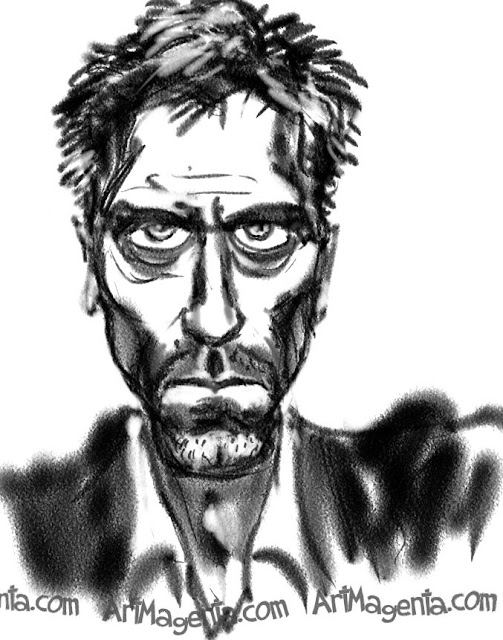 Hugh Laurie caricature cartoon. Portrait drawing by caricaturist Artmagenta