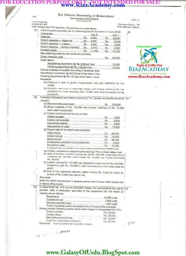 Cost Accounting - B.COM-II- PAST PAPERS Cost Accounting - B.COM-II- PAST PAPERS