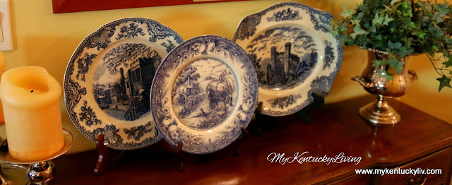 table vignette with blue and white plates
