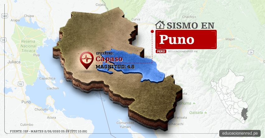 Temblor en Puno de Magnitud 4.6 (Hoy Martes 2 Junio 2020) Sismo - Epicentro - Capaso - El Collao - IGP - www.igp.gob.pe Temblor en Puno de Magnitud 4.6 (Hoy Martes 2 Junio 2020) Sismo - Epicentro - Capaso - El Collao - IGP - www.igp.gob.pe