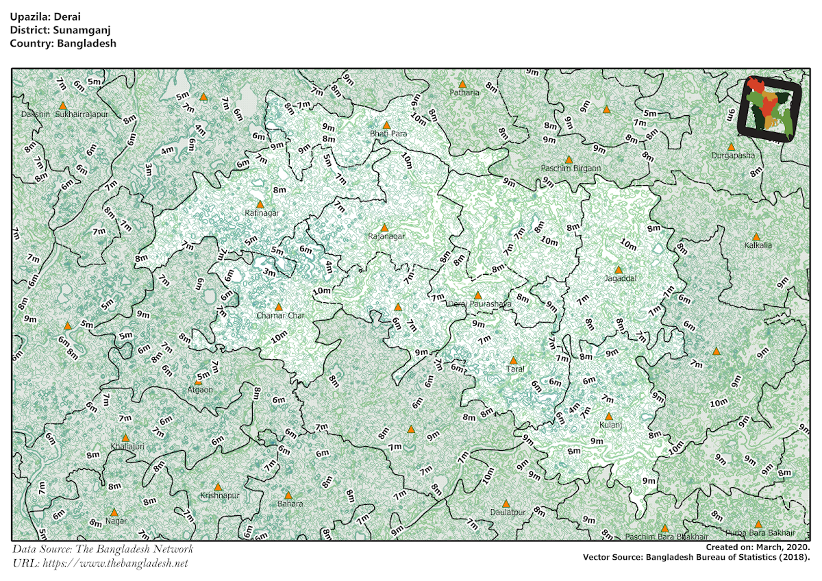 Derai Upazila Elevation Map Sunamganj District Bangladesh