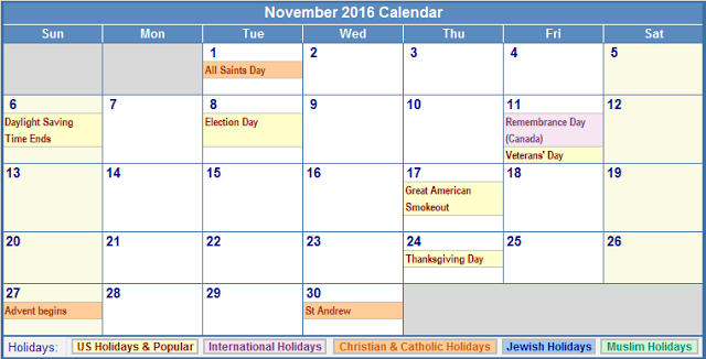 November 2016 Holiday Calendar Religious, November 2016 Religious Holiday Calendar, November 2016 Holiday Calendar, November 2016 Calendar with Holidays, November 2016 Calendar Holidays