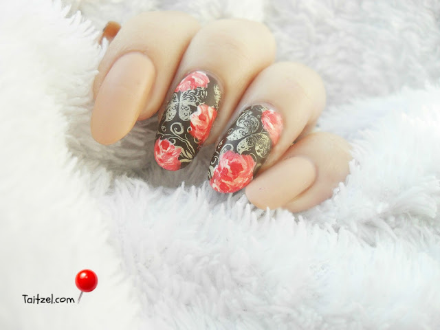 one stroke roses stamped butterflyes matte nails