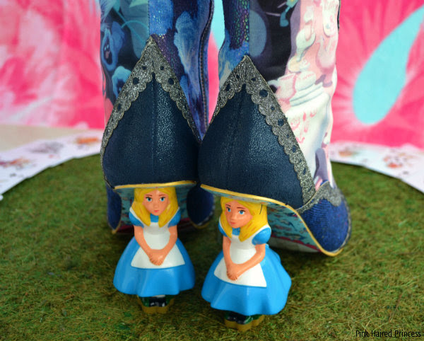 Irregular Choice Alice Lost Your Muchness boots back view of heels back view of Alice Irregular Choice character heels on boots
