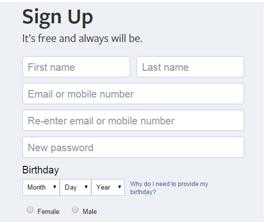 Facebook Register Indication In www.facebook.com login.