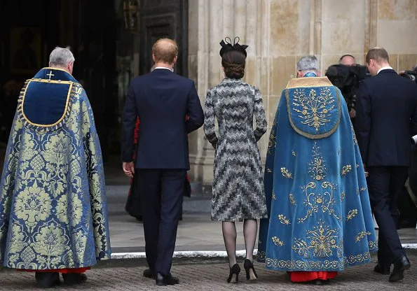 Duchess Catherine, Prince William and Prince Harry attend Service of Hope. Kate Middleton wore Missoni Long Snake Stitch Coat