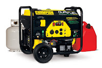 Champion Power 76533 Dual Fuel Portable Generator, operates off either LP/Propane or Gasoline, with Champion 224cc OHV engine with Cast Iron Sleeve, runs up to 8 hours on full tank of gas @ 50% load