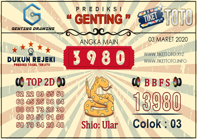 Prediksi Togel GENTING DRAWING TIKETTOTO 03 MARET 2020