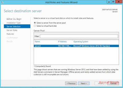 select destination server - .NET framework windows server 2012