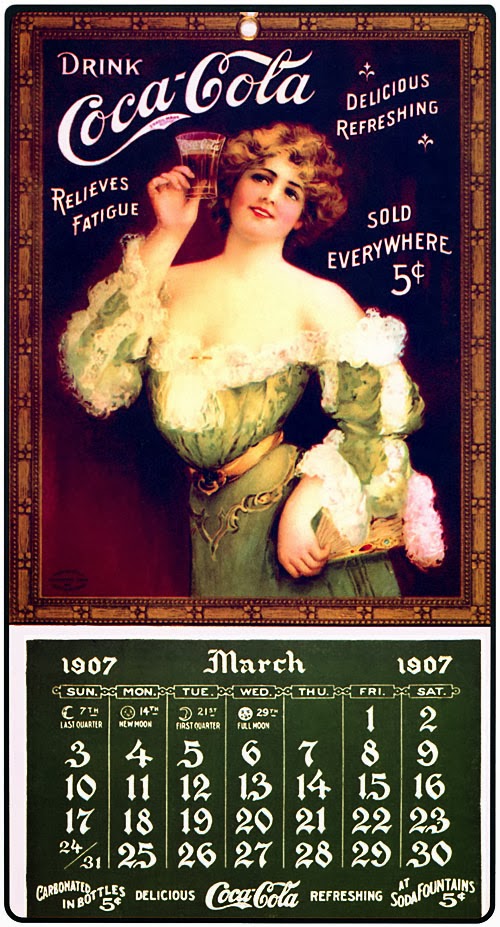 Calendário da Coca-Cola em 1907. Valorização da beleza feminina.