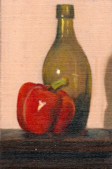 Oil painting of a red pepper in front of an upright green torpedo bottle.
