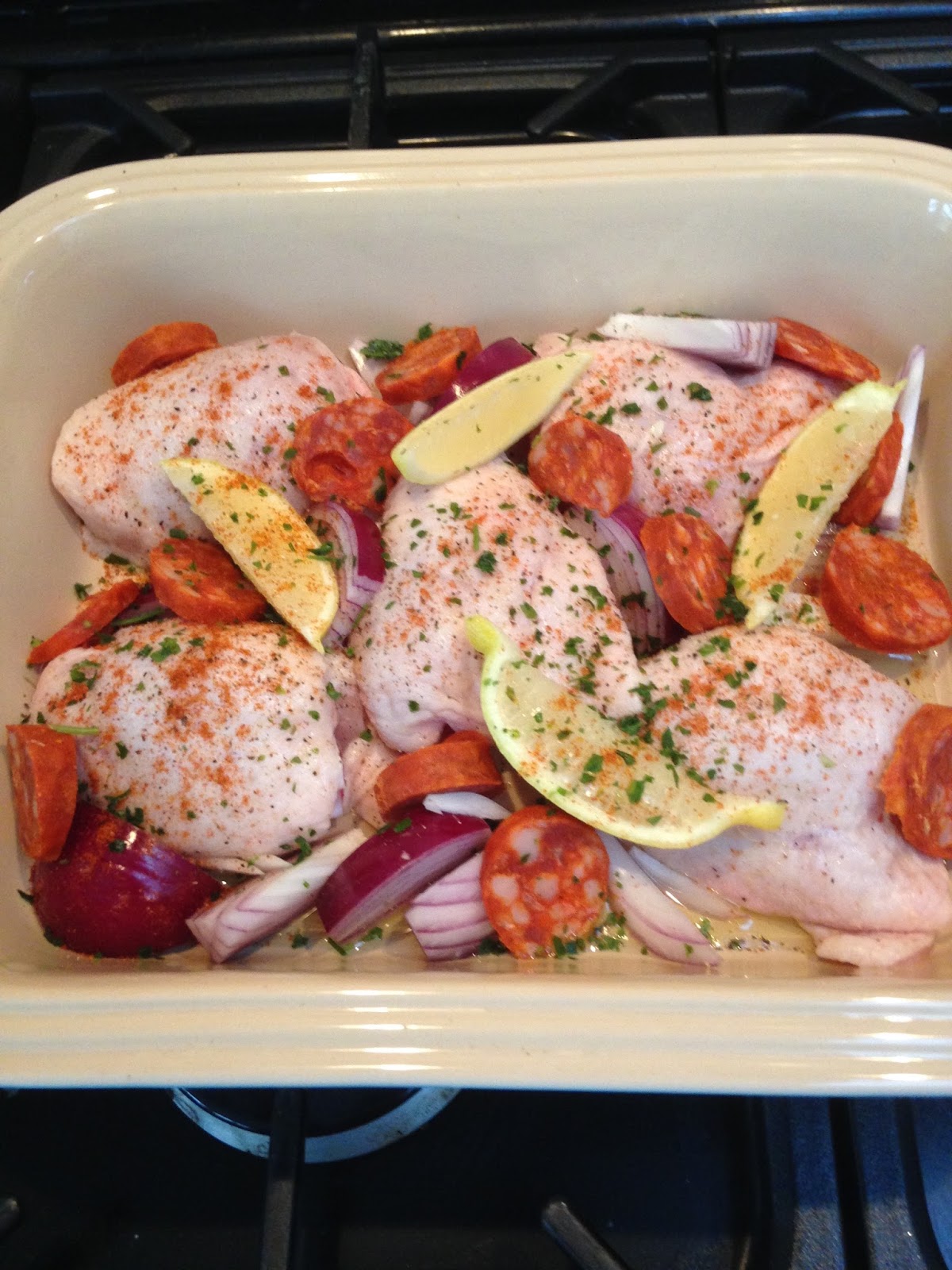 Minimum Effort Maximum Output Oven baked Spanish style chicken thighs